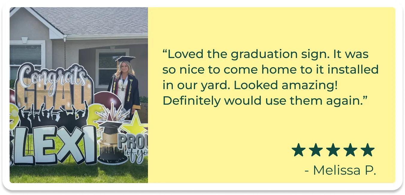 An image of a card with a picture of a girl standing beside a graduation yard sign and text that reads "Loved the graduation sign. It was so nice to come home to it installed in our yard. Looked amazing! Definitely would use them again."